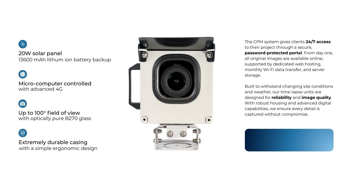 Outdoor time-lapse camera surveying a construction site to capture daily progress photos